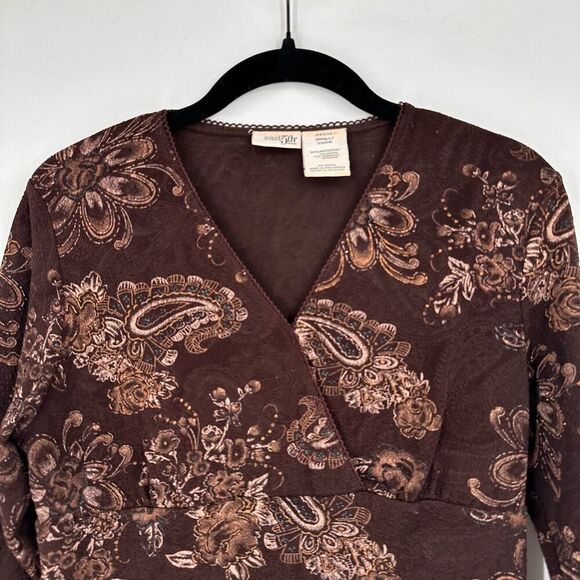 Vintage Y2K East Fifth Textured Brown Paisley & Floral Baby Doll Small Top - Picture 4 of 9